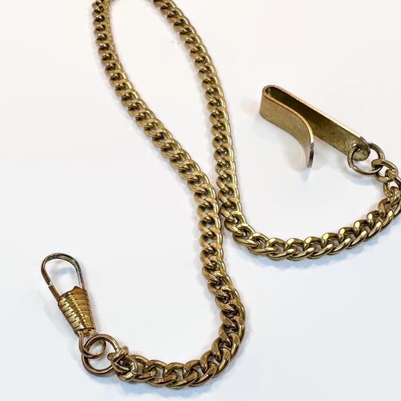 Watch Chain, Belt Clip, Dog Clip, Vintage, 14 3/4" Long, Brass, Dead Stock - Picture 2 of 3